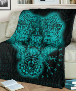 Viking Blanket Odin And Raven Wolf Turquoise Viking Homeset Sherpa Fleece Blanket Gifts for Viking Lovers