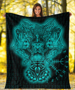 Viking Blanket Odin And Raven Wolf Turquoise Viking Homeset Sherpa Fleece Blanket Gifts for Viking Lovers