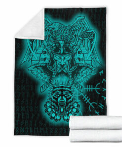 Viking Blanket Odin And Raven Wolf Turquoise Viking Homeset Sherpa Fleece Blanket Gifts for Viking Lovers