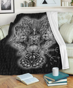 Viking Blanket Odin And Raven Wolf Viking Homeset Sherpa Fleece Blanket Gifts for Viking Lovers