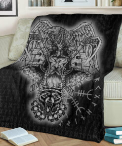 Viking Blanket Odin And Raven Wolf Viking Homeset Sherpa Fleece Blanket Gifts for Viking Lovers