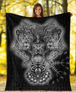 Viking Blanket Odin And Raven Wolf Viking Homeset Sherpa Fleece Blanket Gifts for Viking Lovers