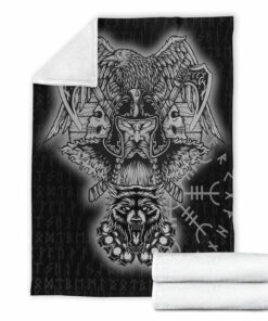 Viking Blanket Odin And Raven Wolf Viking Homeset Sherpa Fleece Blanket Gifts for Viking Lovers