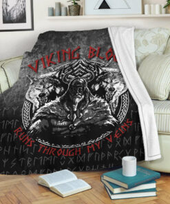 Viking Blanket Odin Geri And Freki Wolfs Viking Blood Runs Through My Veins Sherpa Fleece Blanket Gifts for Viking Lovers