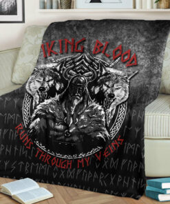 Viking Blanket Odin Geri And Freki Wolfs Viking Blood Runs Through My Veins Sherpa Fleece Blanket Gifts for Viking Lovers