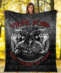 Viking Blanket Odin Geri And Freki Wolfs Viking Blood Runs Through My Veins Sherpa Fleece Blanket Gifts for Viking Lovers