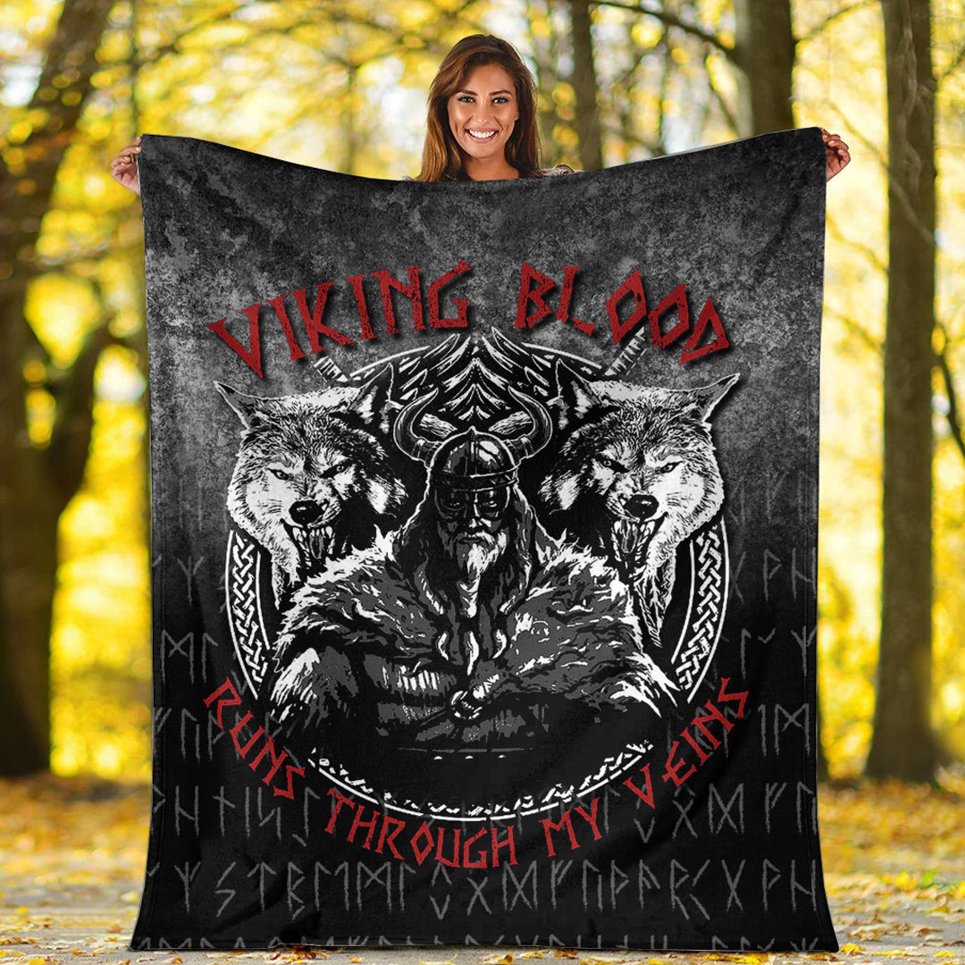 Viking Blanket Odin Geri And Freki Wolfs Viking Blood Runs Through My Veins Sherpa Fleece Blanket Gifts for Viking Lovers