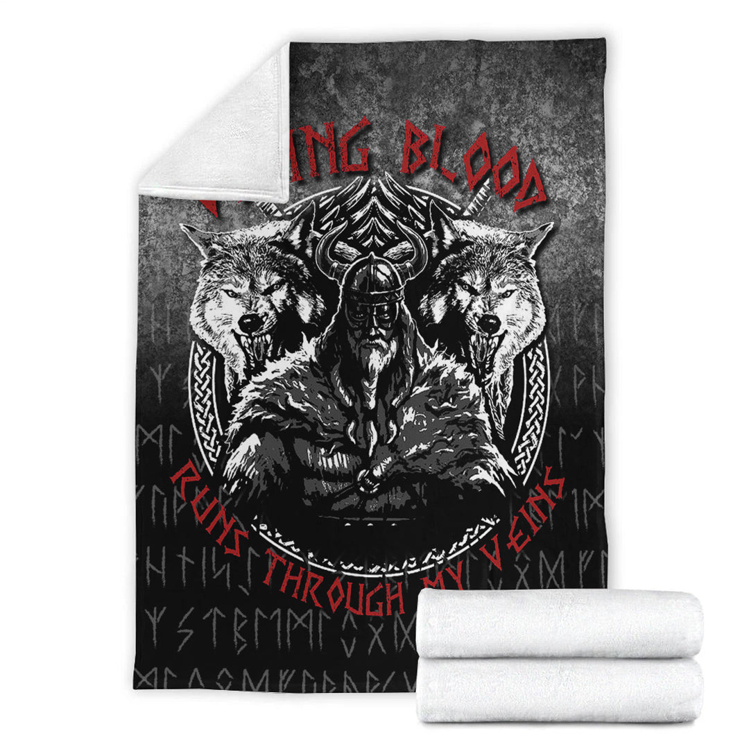 Viking Blanket Odin Geri And Freki Wolfs Viking Blood Runs Through My Veins Sherpa Fleece Blanket Gifts for Viking Lovers