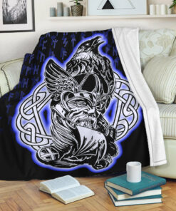 Viking Blanket Odin Raven Viking Set Blue Sherpa Fleece Blanket Gifts for Viking Lovers