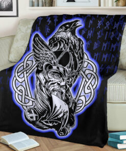 Viking Blanket Odin Raven Viking Set Blue Sherpa Fleece Blanket Gifts for Viking Lovers
