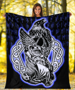 Viking Blanket Odin Raven Viking Set Blue Sherpa Fleece Blanket Gifts for Viking Lovers