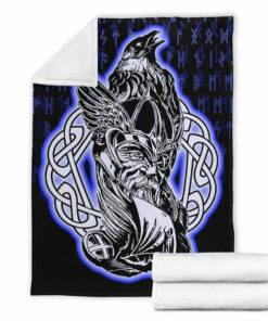 Viking Blanket Odin Raven Viking Set Blue Sherpa Fleece Blanket Gifts for Viking Lovers