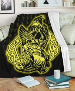Viking Blanket Odin Raven Viking Set Gold Sherpa Fleece Blanket Gifts for Viking Lovers