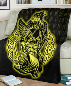 Viking Blanket Odin Raven Viking Set Gold Sherpa Fleece Blanket Gifts for Viking Lovers