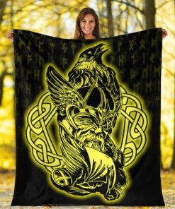 Viking Blanket Odin Raven Viking Set Gold Sherpa Fleece Blanket Gifts for Viking Lovers