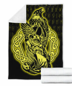 Viking Blanket Odin Raven Viking Set Gold Sherpa Fleece Blanket Gifts for Viking Lovers