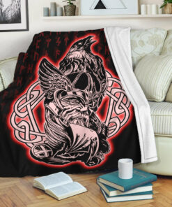 Viking Blanket Odin Raven Viking Set Red Sherpa Fleece Blanket Gifts for Viking Lovers