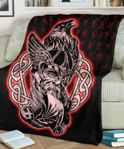 Viking Blanket Odin Raven Viking Set Red Sherpa Fleece Blanket Gifts for Viking Lovers
