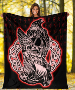 Viking Blanket Odin Raven Viking Set Red Sherpa Fleece Blanket Gifts for Viking Lovers