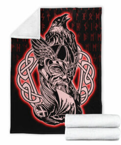Viking Blanket Odin Raven Viking Set Red Sherpa Fleece Blanket Gifts for Viking Lovers