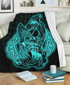 Viking Blanket Odin Raven Viking Set Turquoise Sherpa Fleece Blanket Gifts for Viking Lovers