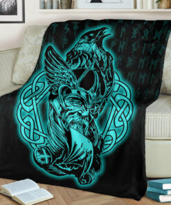 Viking Blanket Odin Raven Viking Set Turquoise Sherpa Fleece Blanket Gifts for Viking Lovers