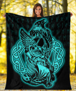 Viking Blanket Odin Raven Viking Set Turquoise Sherpa Fleece Blanket Gifts for Viking Lovers