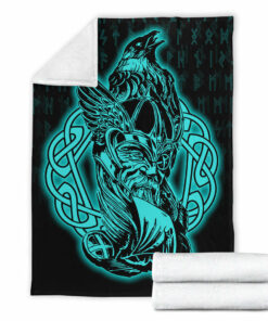 Viking Blanket Odin Raven Viking Set Turquoise Sherpa Fleece Blanket Gifts for Viking Lovers