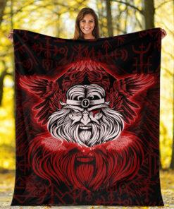 Viking Blanket Odin Sherpa Fleece Blanket Gifts for Viking Lovers Red Version
