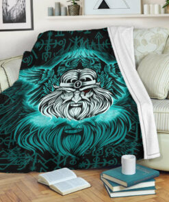 Viking Blanket Odin Sherpa Fleece Blanket Gifts for Viking Lovers Turquoise Version