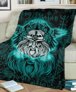 Viking Blanket Odin Sherpa Fleece Blanket Gifts for Viking Lovers Turquoise Version