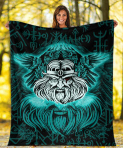 Viking Blanket Odin Sherpa Fleece Blanket Gifts for Viking Lovers Turquoise Version
