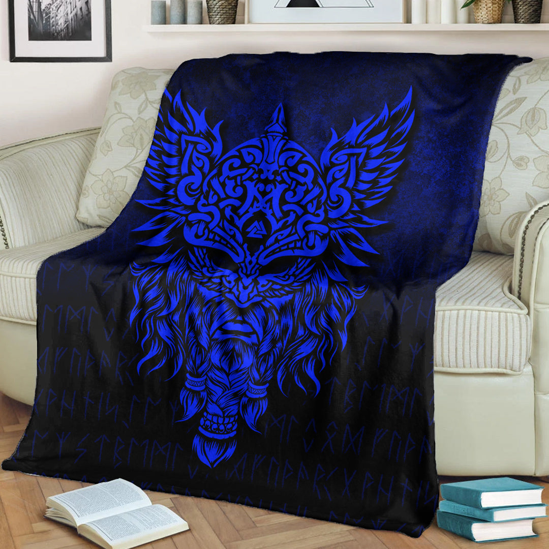 Viking Blanket Odin The Allfather Asgard God And Chief Of Aesir Blue Version Sherpa Fleece Blanket Gifts for Viking Lovers