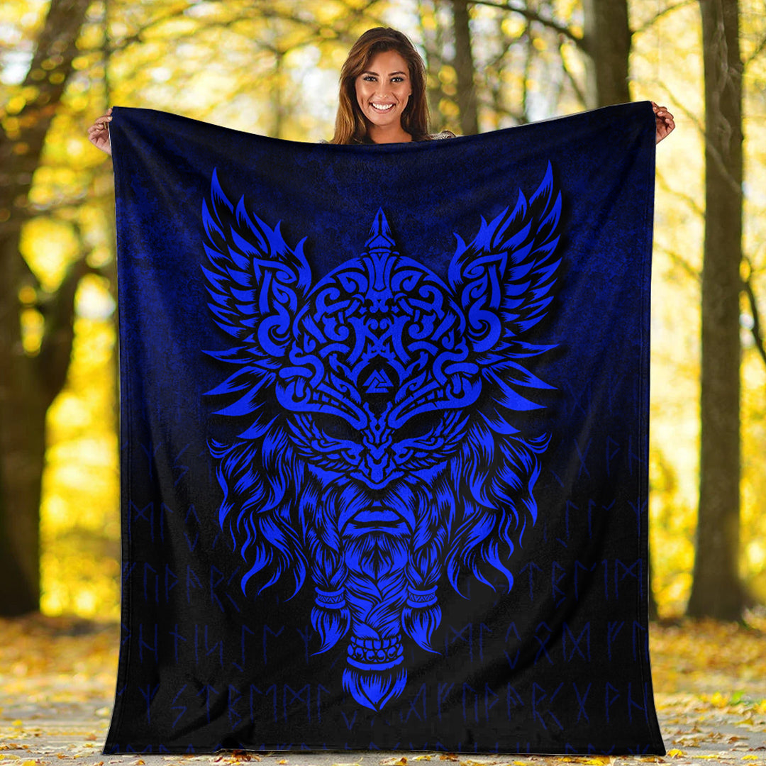 Viking Blanket Odin The Allfather Asgard God And Chief Of Aesir Blue Version Sherpa Fleece Blanket Gifts for Viking Lovers