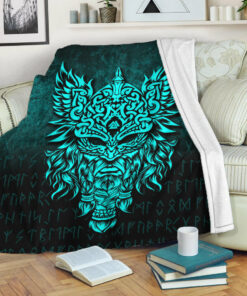 Viking Blanket Odin The Allfather Asgard God And Chief Of Aesir Cyan Version Sherpa Fleece Blanket Gifts for Viking Lovers