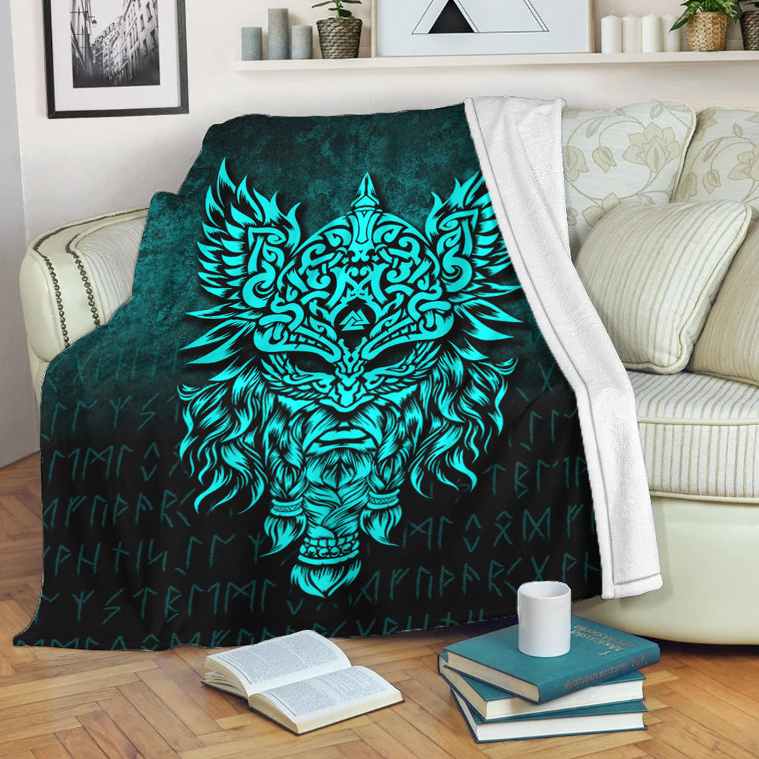 Viking Blanket Odin The Allfather Asgard God And Chief Of Aesir Cyan Version Sherpa Fleece Blanket Gifts for Viking Lovers