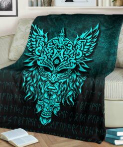 Viking Blanket Odin The Allfather Asgard God And Chief Of Aesir Cyan Version Sherpa Fleece Blanket Gifts for Viking Lovers