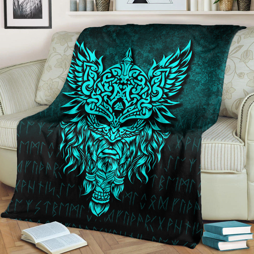 Viking Blanket Odin The Allfather Asgard God And Chief Of Aesir Cyan Version Sherpa Fleece Blanket Gifts for Viking Lovers