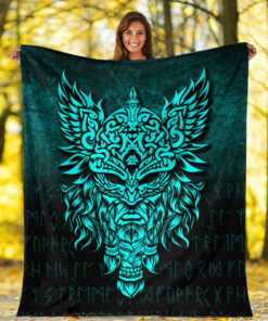 Viking Blanket Odin The Allfather Asgard God And Chief Of Aesir Cyan Version Sherpa Fleece Blanket Gifts for Viking Lovers
