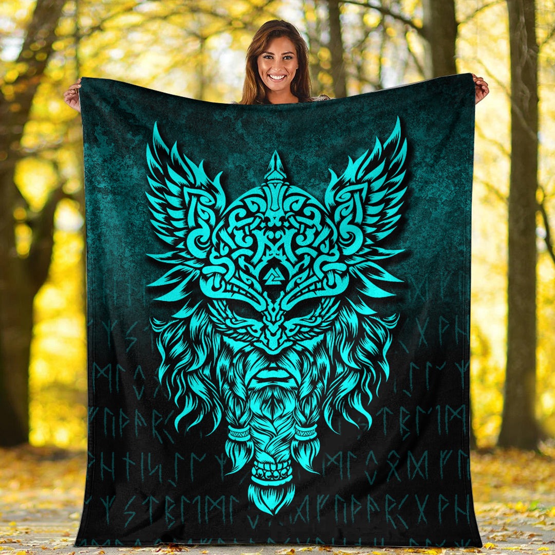Viking Blanket Odin The Allfather Asgard God And Chief Of Aesir Cyan Version Sherpa Fleece Blanket Gifts for Viking Lovers