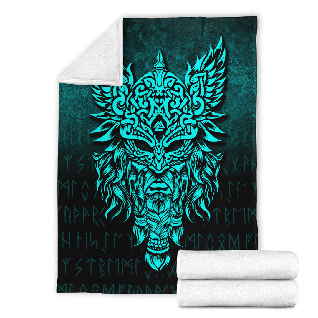 Viking Blanket Odin The Allfather Asgard God And Chief Of Aesir Cyan Version Sherpa Fleece Blanket Gifts for Viking Lovers