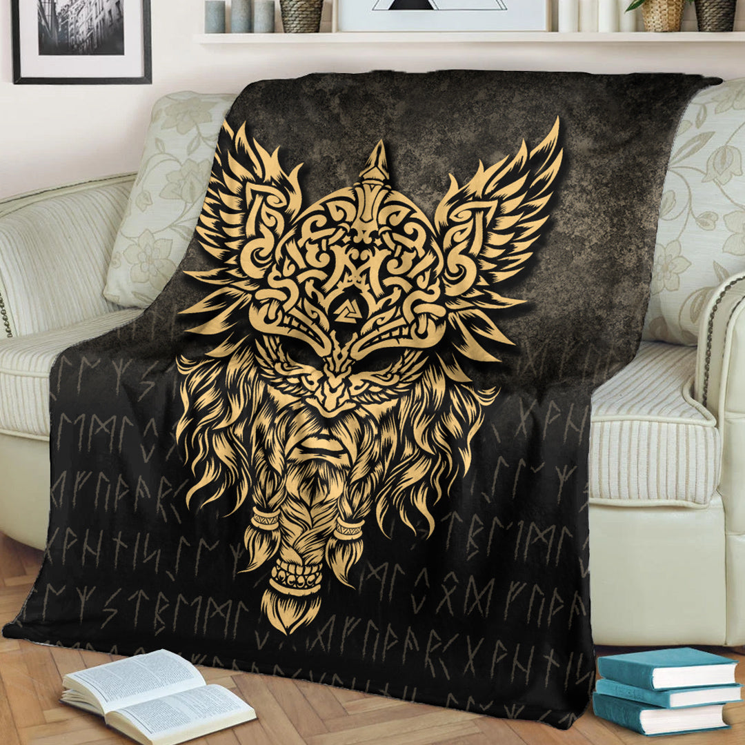 Viking Blanket Odin The Allfather Asgard God And Chief Of Aesir Gold Version Sherpa Fleece Blanket Gifts for Viking Lovers