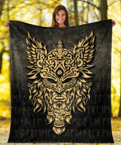 Viking Blanket Odin The Allfather Asgard God And Chief Of Aesir Gold Version Sherpa Fleece Blanket Gifts for Viking Lovers