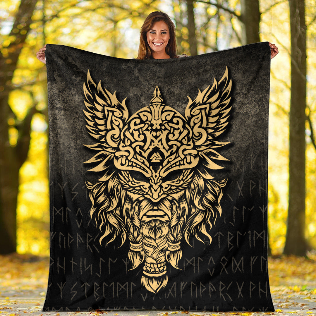 Viking Blanket Odin The Allfather Asgard God And Chief Of Aesir Gold Version Sherpa Fleece Blanket Gifts for Viking Lovers