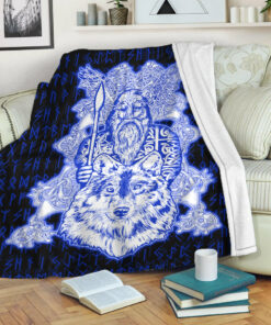Viking Blanket Odin Wolf Viking Set Blue Sherpa Fleece Blanket Gifts for Viking Lovers