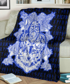 Viking Blanket Odin Wolf Viking Set Blue Sherpa Fleece Blanket Gifts for Viking Lovers