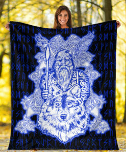 Viking Blanket Odin Wolf Viking Set Blue Sherpa Fleece Blanket Gifts for Viking Lovers