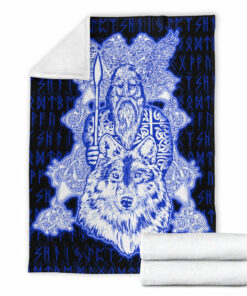 Viking Blanket Odin Wolf Viking Set Blue Sherpa Fleece Blanket Gifts for Viking Lovers