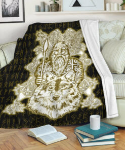 Viking Blanket Odin Wolf Viking Set Gold Sherpa Fleece Blanket Gifts for Viking Lovers