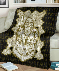 Viking Blanket Odin Wolf Viking Set Gold Sherpa Fleece Blanket Gifts for Viking Lovers